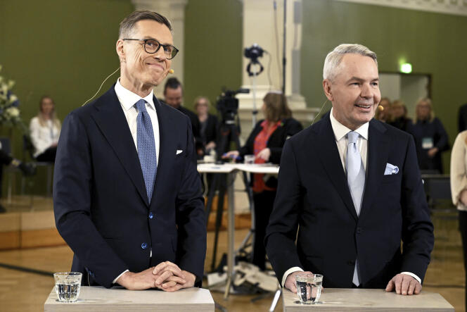 National Coalition Party (NCP) presidential candidate Alexander Stubb (left) and Green Party-backed candidate Pekka Haavisto during an election night at Helsinki City Hall, in Finland, February 11, 2024. 