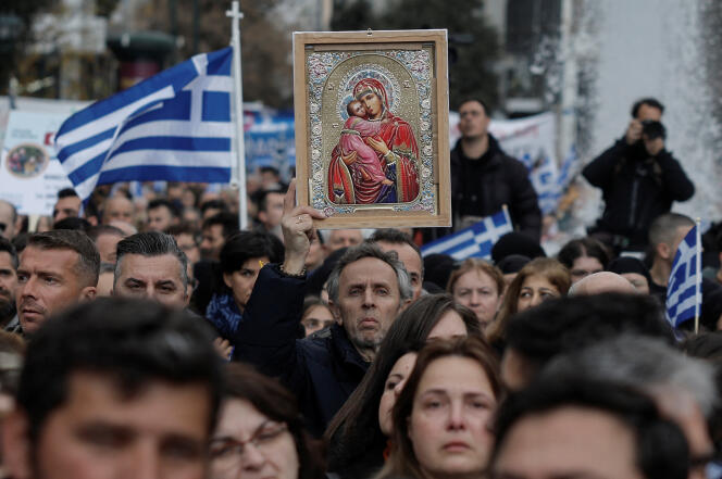 A rally to protest against a bill allowing same-sex marriage, before the vote in parliament in Athens, Greece, February 11, 2024. 