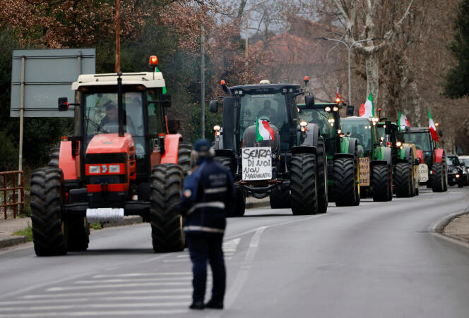 Several dozen farmers converge on Rome to try to make their demands heard, Monday February 5, 2024. 