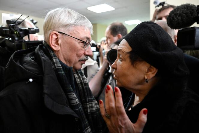 Oleg Orlov, human rights activist and co-chairman of the Memorial organization, Nobel laureate, with his wife, Tatiana Kasatkina, before his verdict hearing in Moscow, February 27, 2024.