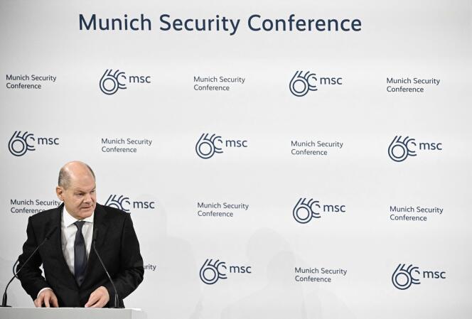 German Chancellor Olaf Scholz during his speech at the 60th Munich Security Conference on February 17, 2024.