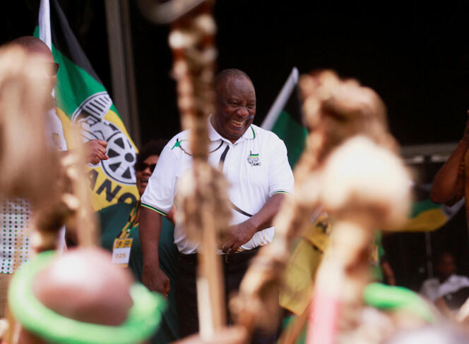 South African President Cyril Ramaphosa during the presentation of the ANC electoral program in Durban on February 24, 2024.