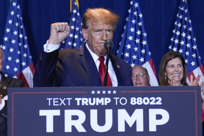 Donald Trump, former US president and Republican primary candidate, speaks during election night in Columbia, South Carolina, February 24, 2024.