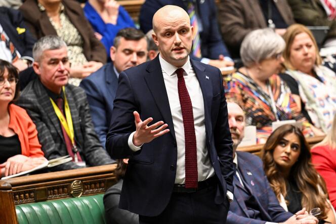 The leader of the Scottish National Party (SNP, the Scottish independence party) at Westminster, Stephen Flynn, in Parliament, February 21, 2024.