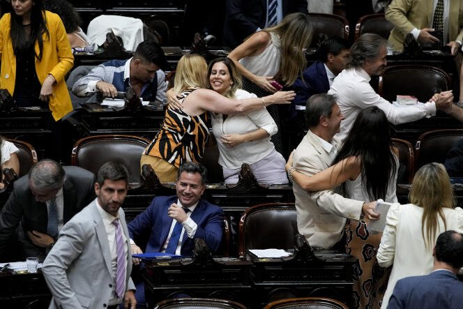MPs celebrate the vote in principle on deregulatory reforms by Argentine President Javier Milei in Buenos Aires on February 2, 2024. 