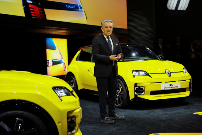 Renault CEO Luca de Meo speaks next to the electric R5 at the 91st Geneva Motor Show, Switzerland, February 26, 2024. 