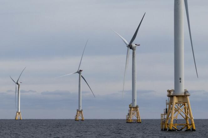 Wind turbines off the coast of Rhode Island, United States, December 7, 2023. 
