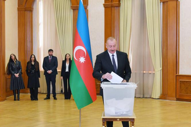 Azerbaijan's President Ilham Aliev casts his vote in the presidential election in Khankendi, the main city of Nagorno-Karabakh, February 7, 2024.