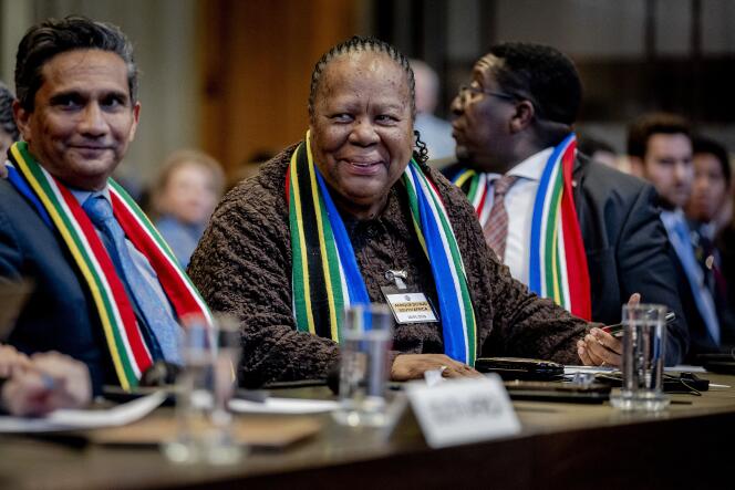South African Minister for International Relations and Cooperation Naledi Pandor (center) at the International Court of Justice (ICJ) in the case of South Africa's genocide claim against Israel, in La Hague, January 26, 2024.