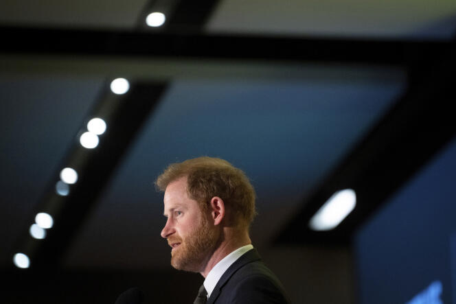 Prince Harry speaks at the Invictus Games “One Year to Go” dinner in Vancouver, British Columbia, February 16, 2024. 