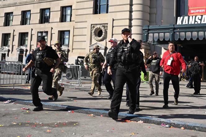 Police intervene in Kansas City after shots rang out on the sidelines of the Super Bowl-winning Chiefs parade on Wednesday, February 14, 2024.
