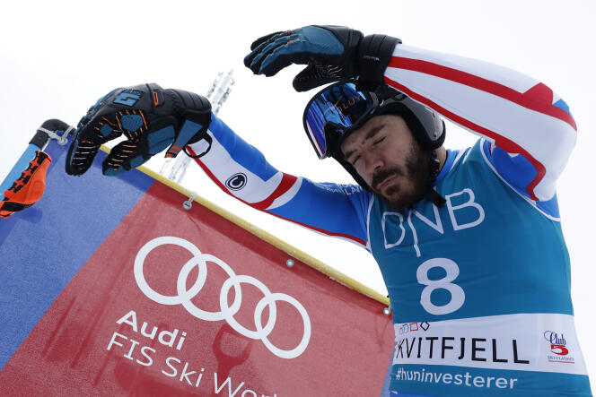 Cyprien Sarrazin training for the Alpine Ski World Cup downhill, in Kvitfjell, Norway, February 16, 2024.