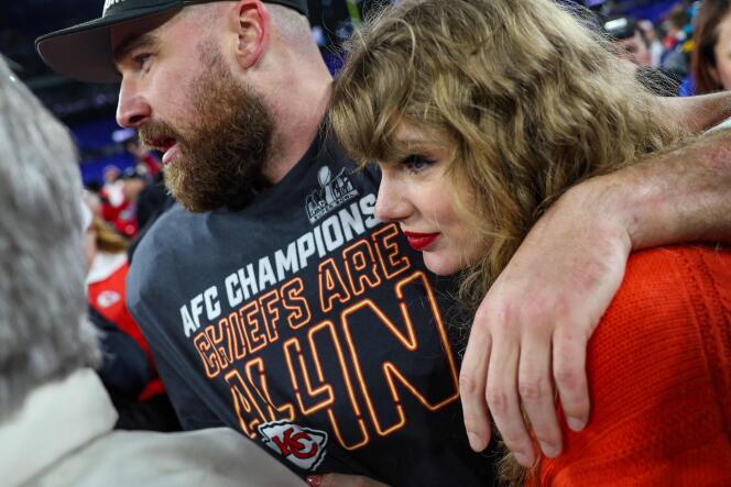 Taylor Swift and her boyfriend Travis Kelce, number 87 of the Kansas City Chiefs, after his team's victory over the Baltimore Ravens, in Baltimore, Maryland, on January 28, 2024.