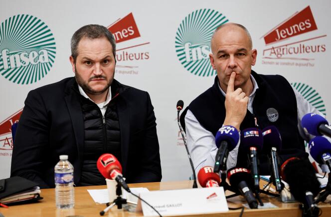 The president of the Young Farmers, Arnaud Gaillot (left), and that of the FNSEA, Arnaud Rousseau, during a press conference, after their interview with the Prime Minister, Gabriel Attal, in Paris, February 13, 2024.