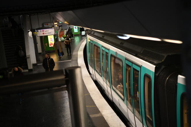 A metro train at Gare-de-l'Est station, in Paris, March 7, 2023.