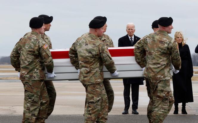 US President Joe Biden and First Lady Jill Biden pay tribute to three US service members killed in Jordan at Dover Air Force Base, Delaware, February 2, 2024.