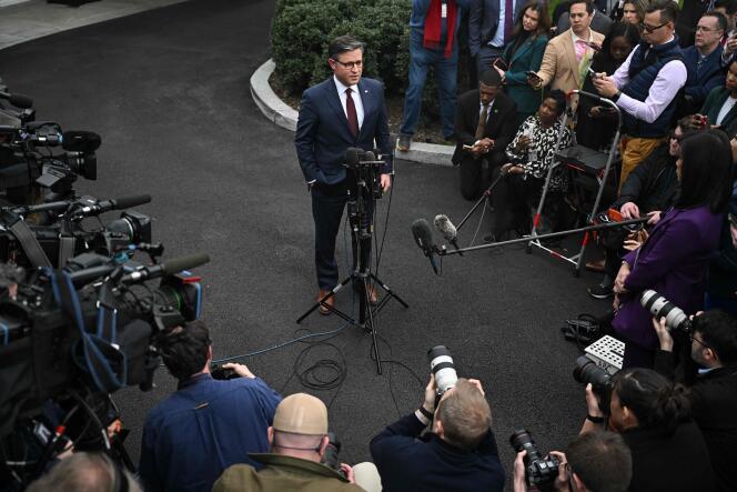 Speaker of the House of Representatives Mike Johnson speaks to reporters after a meeting with the U.S. President and congressional leaders at the White House in Washington, February 27, 2024.