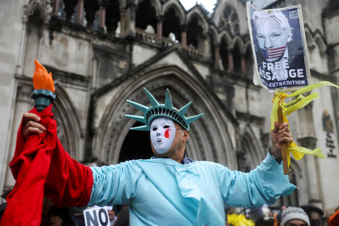 A protester expresses his support for Julian Assange outside the High Court in London on February 21, 2024.