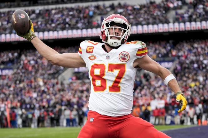 Kansas City Chiefs player Travis Kelce celebrates his touchdown against the Ravens in the conference final in Baltimore, Maryland, January 28, 2024.