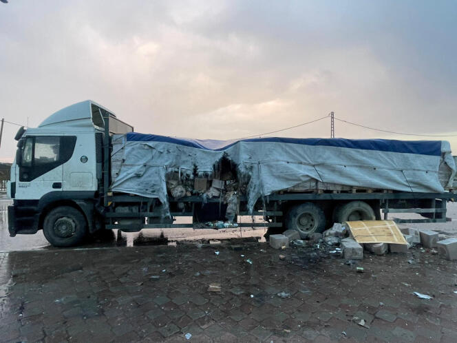 A truck carrying food which, according to Thomas White, the director of UNRWA affairs in Gaza, was hit by Israeli naval fire, at a location marked as Gaza, as part of the conflict between Israel and the Hamas.
