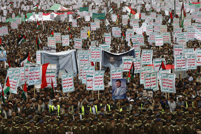 Supporters of the Houthi rebels take part in a rally against US strikes in Yemen and in support of Palestinians in the Gaza Strip, in Sanaa, February 16, 2024.