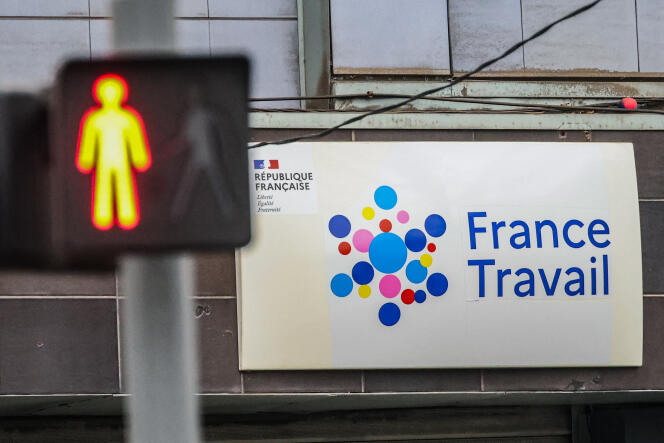 The logo of “France Travail”, the new operator of the French public employment service, in Lille, January 12, 2024.