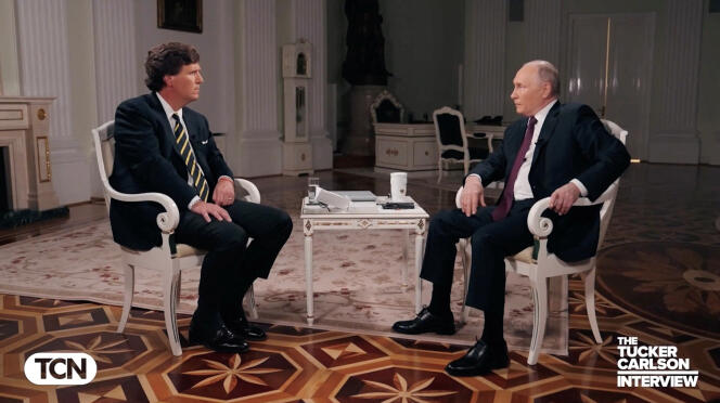 American host Tucker Carlson meets Russian President Vladimir Putin, in Moscow, February 6, 2024.