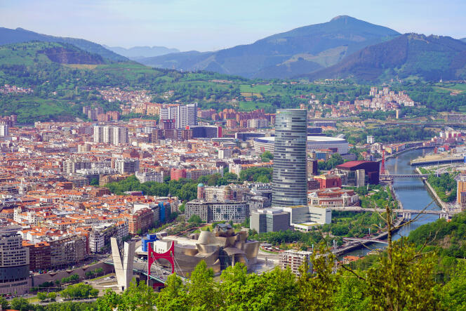 View of the city with the Guggenheim Museum in the foreground and Mount Artxanda in the background.