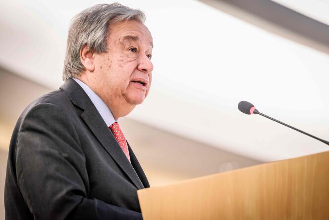 UN Secretary-General Antonio Guterres delivers the opening speech at the 55th session of the Human Rights Council in Geneva, February 26, 2024.