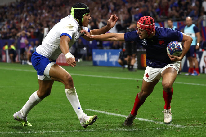 The winger of the XV of France, Louis Bielle-Biarrey, during the World Cup match against Italy, October 6, 2023 in Lyon.