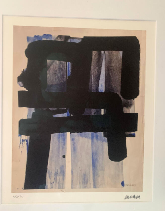 “Blue and black composition” (print), by Pierre Soulages.