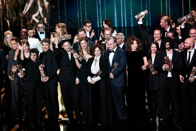 Winners and masters of ceremonies of the 49th edition of the Césars ceremony, on the stage of the Olympia, in Paris, February 23, 2024. 