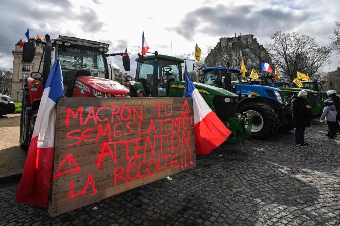 Farmers who are members of the Rural Coordination demonstrate before the opening of the Agricultural Show, in Paris, February 23, 2024.