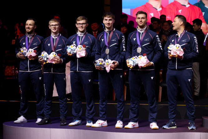 The French men's table tennis team, silver medalist at the Worlds, in Pusan ​​(South Korea), February 25, 2024. 