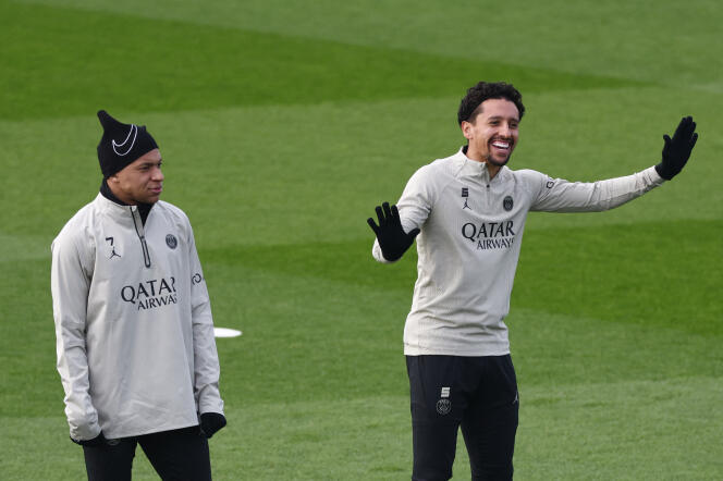 Kylian Mbappé and Marquinhos in training with Paris Saint-Germain, before the round of 16 first leg of the Champions League against Real Sociedad, in Poissy (Yvelines), February 13, 2024.