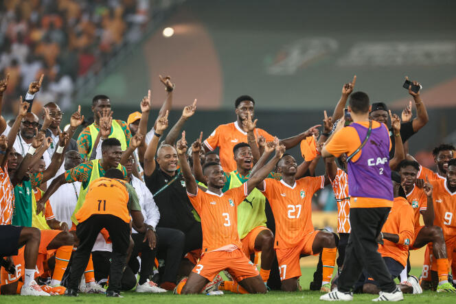 Ivorian players celebrate their victory against the Democratic Republic of Congo at the Alassane-Ouattara stadium in Ebimpé, in Abidjan on February 7, 2024.