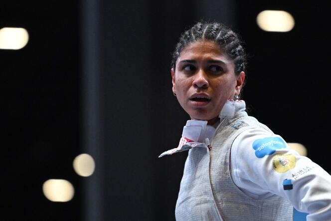 Foil fencer Ysaora Thibus at the world fencing championships in Milan, July 26, 2023.