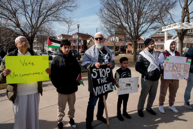 Supporters of the campaign to vote “uncommitted,” against Joe Biden’s policy of support for Israel, gather before the Democratic primary in Michigan, in Hamtramck, February 25, 2024. 