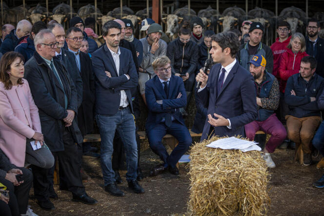 Gabriel Attal during his address to farmers, on a farm in Montastruc-de-Salies (Haute-Garonne), January 26, 2024. 