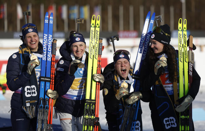 Julia Simon, Justine Braisaz-Bouchet, Sophie Chauveau and Lou Jeanmonnot, women's biathlon relay world champions, in Nove Mesto, Czech Republic, February 17, 2024.