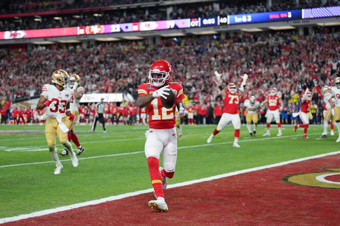 Kansas City Chiefs wide receiver Mecole Hardman scores a touchdown in the final moments of the Super Bowl against the San Francisco 49ers at Allegiant Stadium in Las Vegas, Nevada, February 11, 2024.