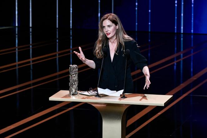 The director of “Anatomy of a Fall”, Justine Triet, during the Césars ceremony, in Paris, February 23, 2024.