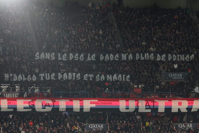 Banners displayed in the stands of the Parc des Princes, in Paris, February 10, 2024.