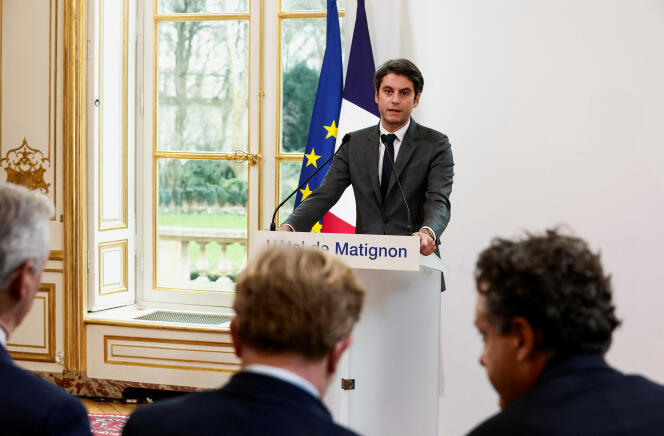 Prime Minister Gabriel Attal unveils new measures to respond to farmers' grievances during a press conference at the Matignon Hotel in Paris on February 1, 2024.