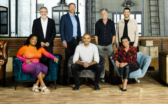Season 4 of “Who Wants to Be My Partner?”  » on M6, with investors (from left to right, and from top to bottom) Jean-Pierre Nadir, Eric Larchevêque, Marc Simoncini, Anthony Bourbon, Kelly Massol, Tony Parker and Stéphanie Delestre.