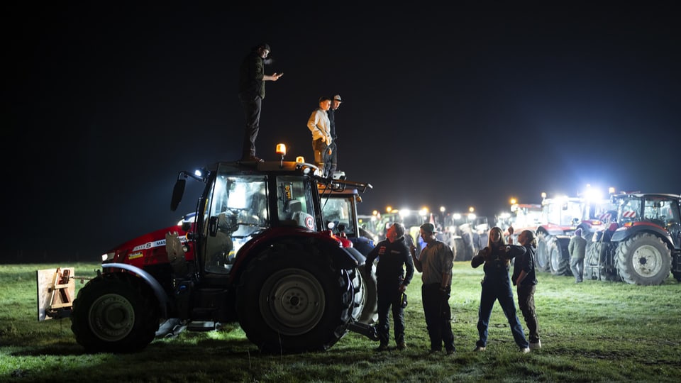 People stand on tractors.  There are also other tractors.
