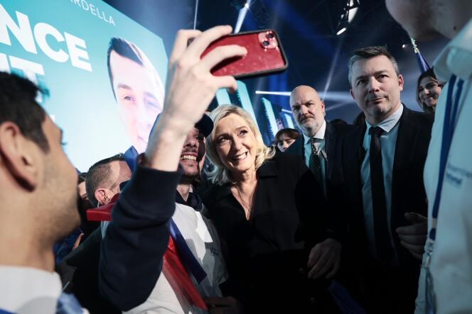 Marine Le Pen, during the RN launch meeting for the European elections in Marseille, March 3, 2024. 