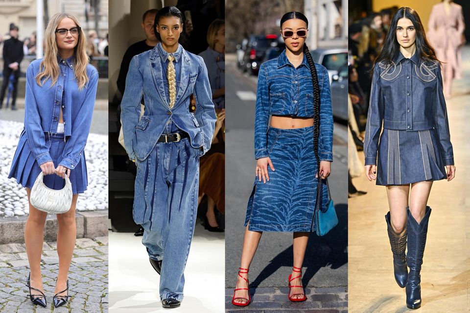 We see denim allover not only on celebrity guests such as Joey King (left) and India Ria Amarteifio (second from right), but also on the Schiaparelli catwalks. 