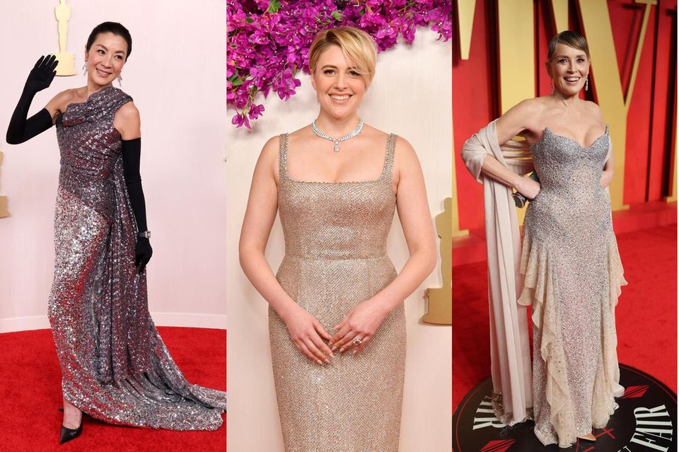 Michelle Yeoh, Greta Gerwig and Sharon Stone wear textured fabric gowns at the 2024 Oscars. 