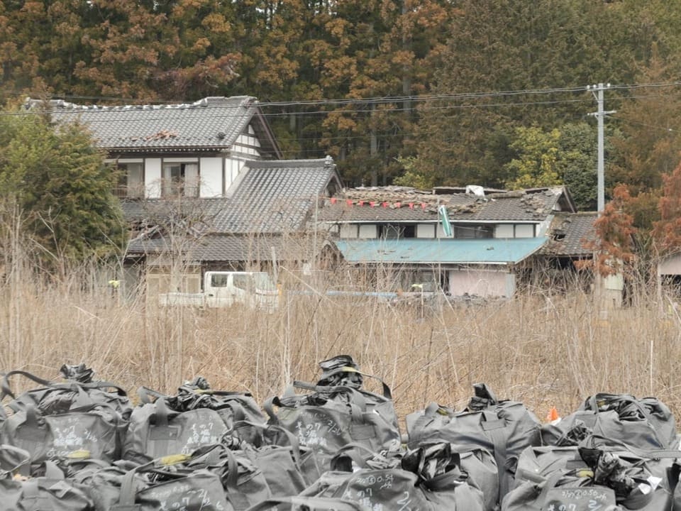 Black bags in the foreground, crumbling houses behind them.